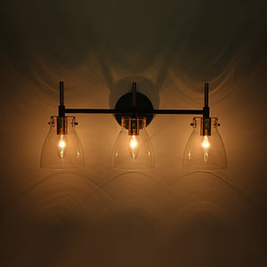 LightFixturesUSA - 3 - Light Black Brass Bell Glass Shade Vanity Wall Lamp - Wall Sconce - Clear - 