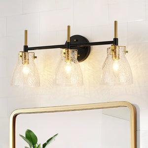 LightFixturesUSA - 3 - Light Black Brass Bell Glass Shade Vanity Wall Lamp - Wall Sconce - Crackled - 