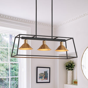 LightFixturesUSA - 3 - Light Black Brass Rectangle Cage Island Chandelier - Chandelier - Black + Brass - 