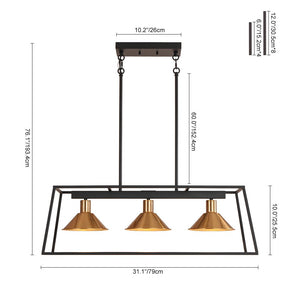 LightFixturesUSA - 3 - Light Black Brass Rectangle Cage Island Chandelier - Chandelier - Black + Brass - 