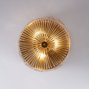 LightFixturesUSA-3-Light Brass Clear Ribbed Glass Round Drum Flush Mount-Ceiling Light-17.3 in-