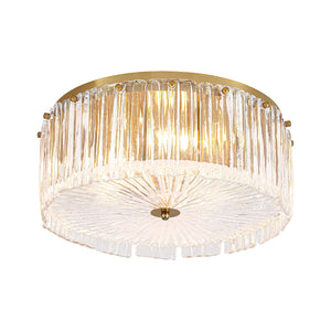 LightFixturesUSA-3-Light Brass Clear Ribbed Glass Round Drum Flush Mount-Ceiling Light-17.3 in-