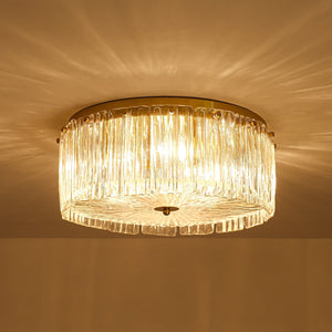 LightFixturesUSA-3-Light Brass Clear Ribbed Glass Round Drum Flush Mount-Ceiling Light-17.3 in-