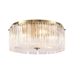 LightFixturesUSA-3-Light Brass Clear Ribbed Glass Round Drum Flush Mount-Ceiling Light-17.3 in-