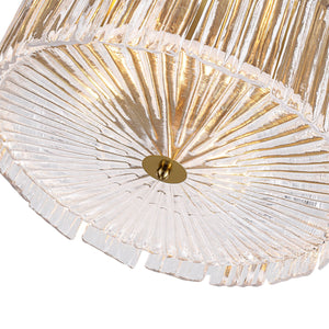 LightFixturesUSA-3-Light Brass Clear Ribbed Glass Round Drum Flush Mount-Ceiling Light-17.3 in-
