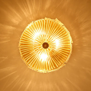 LightFixturesUSA-3-Light Brass Clear Ribbed Glass Round Drum Flush Mount-Ceiling Light-17.3 in-