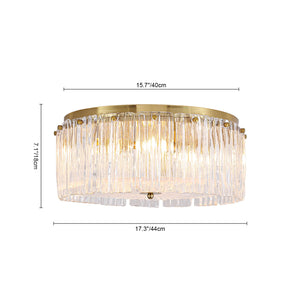 LightFixturesUSA-3-Light Brass Clear Ribbed Glass Round Drum Flush Mount-Ceiling Light-17.3 in-