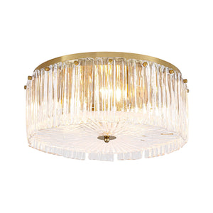 LightFixturesUSA-3-Light Brass Clear Ribbed Glass Round Drum Flush Mount-Ceiling Light-17.3 in-