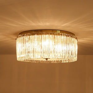 LightFixturesUSA-3-Light Brass Clear Ribbed Glass Round Drum Flush Mount-Ceiling Light-17.3 in-