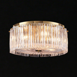 LightFixturesUSA-3-Light Brass Clear Ribbed Glass Round Drum Flush Mount-Ceiling Light-17.3 in-