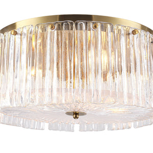 LightFixturesUSA-3-Light Brass Clear Ribbed Glass Round Drum Flush Mount-Ceiling Light-17.3 in-