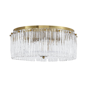LightFixturesUSA-3-Light Brass Clear Ribbed Glass Round Drum Flush Mount-Ceiling Light-17.3 in-