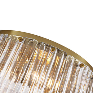 LightFixturesUSA-3-Light Brass Clear Ribbed Glass Round Drum Flush Mount-Ceiling Light-17.3 in-