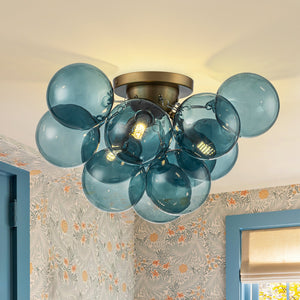 LightFixturesUSA - 3 - Light Brass Cluster Blue Glass Globe Bubble Ceiling Light - Ceiling Light - Blue Bubble - 