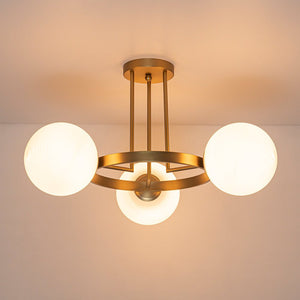 LightFixturesUSA - 3 - Light Brass Opal Glass Globe Round Ring Semi Flush Mount - Ceiling Light - Brass - 