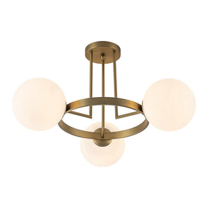 LightFixturesUSA - 3 - Light Brass Opal Glass Globe Round Ring Semi Flush Mount - Ceiling Light - Brass - 