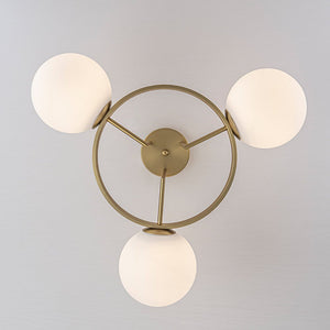 LightFixturesUSA - 3 - Light Brass Opal Glass Globe Round Ring Semi Flush Mount - Ceiling Light - Brass - 