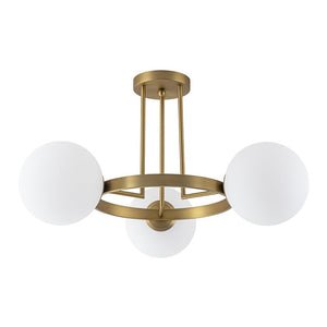 LightFixturesUSA - 3 - Light Brass Opal Glass Globe Round Ring Semi Flush Mount - Ceiling Light - Brass - 