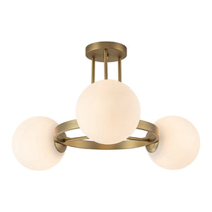 LightFixturesUSA - 3 - Light Brass Opal Glass Globe Round Ring Semi Flush Mount - Ceiling Light - Brass - 