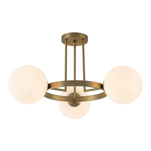 LightFixturesUSA - 3 - Light Brass Opal Glass Globe Round Ring Semi Flush Mount - Ceiling Light - Brass - 