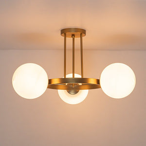 LightFixturesUSA - 3 - Light Brass Opal Glass Globe Round Ring Semi Flush Mount - Ceiling Light - Brass - 