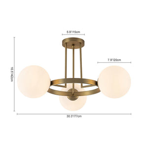 LightFixturesUSA - 3 - Light Brass Opal Glass Globe Round Ring Semi Flush Mount - Ceiling Light - Brass - 