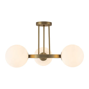 LightFixturesUSA - 3 - Light Brass Opal Glass Globe Round Ring Semi Flush Mount - Ceiling Light - Brass - 