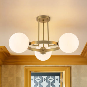 LightFixturesUSA - 3 - Light Brass Opal Glass Globe Round Ring Semi Flush Mount - Ceiling Light - Brass - 