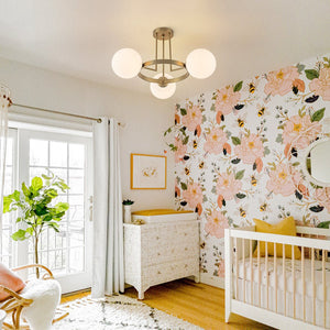 LightFixturesUSA - 3 - Light Brass Opal Glass Globe Round Ring Semi Flush Mount - Ceiling Light - Brass - 