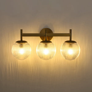 LightFixturesUSA - 3 - Light Brass Ribbed Glass Globe Vanity Wall Sconce - Wall Sconce - Brass - 