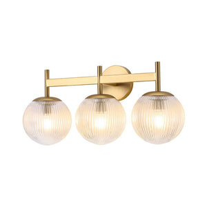 LightFixturesUSA - 3 - Light Brass Ribbed Glass Globe Vanity Wall Sconce - Wall Sconce - Brass - 
