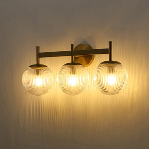 LightFixturesUSA - 3 - Light Brass Ribbed Glass Globe Vanity Wall Sconce - Wall Sconce - Brass - 