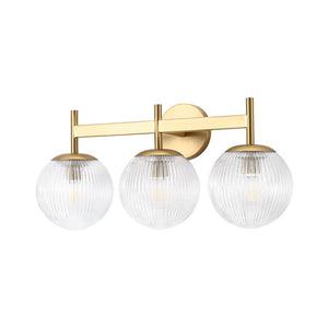 LightFixturesUSA - 3 - Light Brass Ribbed Glass Globe Vanity Wall Sconce - Wall Sconce - Brass - 
