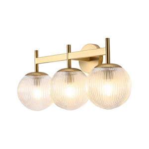 LightFixturesUSA - 3 - Light Brass Ribbed Glass Globe Vanity Wall Sconce - Wall Sconce - Brass - 