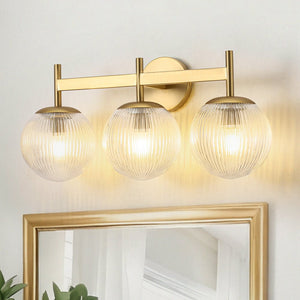 LightFixturesUSA - 3 - Light Brass Ribbed Glass Globe Vanity Wall Sconce - Wall Sconce - Brass - 