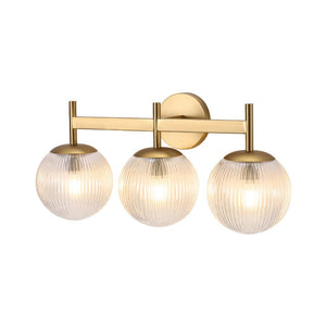 LightFixturesUSA - 3 - Light Brass Ribbed Glass Globe Vanity Wall Sconce - Wall Sconce - Brass - 