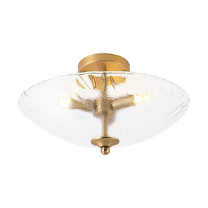 LightFixturesUSA - 3 - Light Brass Textured Glass Bowl Round Semi Flush Mount - Ceiling Light - Clear Glass - 