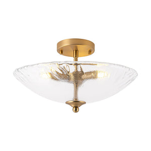 LightFixturesUSA - 3 - Light Brass Textured Glass Bowl Round Semi Flush Mount - Ceiling Light - Clear Glass - 
