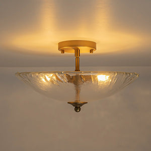LightFixturesUSA - 3 - Light Brass Textured Glass Bowl Round Semi Flush Mount - Ceiling Light - Clear Glass - 