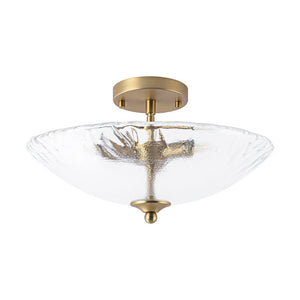 LightFixturesUSA - 3 - Light Brass Textured Glass Bowl Round Semi Flush Mount - Ceiling Light - Clear Glass - 