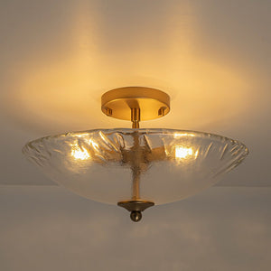 LightFixturesUSA - 3 - Light Brass Textured Glass Bowl Round Semi Flush Mount - Ceiling Light - Clear Glass - 