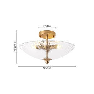 LightFixturesUSA - 3 - Light Brass Textured Glass Bowl Round Semi Flush Mount - Ceiling Light - Clear Glass - 