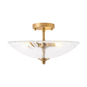 LightFixturesUSA - 3 - Light Brass Textured Glass Bowl Round Semi Flush Mount - Ceiling Light - Clear Glass - 