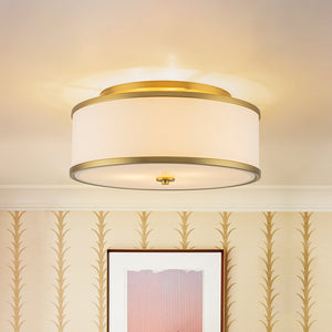 LightFixturesUSA-3-Light Brass White Fabric Drum Cage Semi Flush Mount-Ceiling Light-20 in-