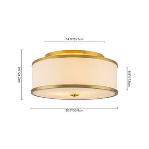 LightFixturesUSA-3-Light Brass White Fabric Drum Cage Semi Flush Mount-Ceiling Light-20 in-