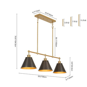 LightFixturesUSA - 3 - Light Brushed Gold Black Cone Island Chandelier - Chandelier - 39 in (Pre - Order & 2 - 3 Weeks) - 