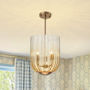 LightFixturesUSA - 3 - Light Candle Style Bell Ribbed Tinted Glass Ceiling Pendant - Pendant Light - Gold Glass - 