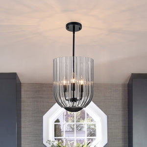 LightFixturesUSA - 3 - Light Candle Style Bell Ribbed Tinted Glass Ceiling Pendant - Pendant Light - Smoked Glass - 