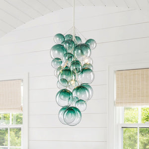 LightFixturesUSA-3-Light Cascade Cluster Clear Glass Bubble Chandelier-Chandelier-Green Glass+ White Finish-