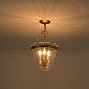 LightFixturesUSA - 3 - Light Clear Glass Bell Jar Lantern Pendant / Semi Flush - Ceiling Light - Brass - 